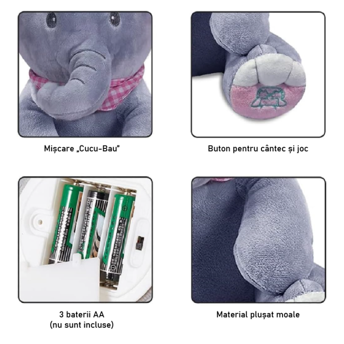 Jucarie Interactiva Muzicala Elefant de Plus pentru Copii 2+ SUPER TRENDS®, Canta Cucu-Bau, cu Urechi Miscatoare, Animal de Plus Moale, 30 cm [3]