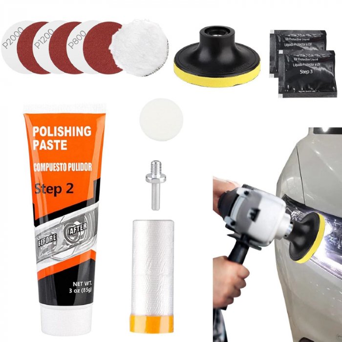 Kit Complet Restaurare Faruri Masina Profesional SUPER TRENDS®, cu Bureti, Pasta Lustruire, Hartie Abraziva si Lichid Protectie, Compatibil Bormasina, 2 Faruri [2]