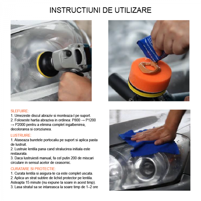 Kit Complet Restaurare Faruri Masina Profesional SUPER TRENDS®, cu Bureti, Pasta Lustruire, Hartie Abraziva si Lichid Protectie, Compatibil Bormasina, 2 Faruri [5]