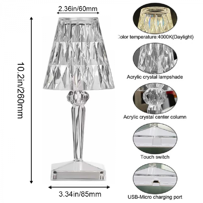 Lampa de Masa Cristal LED Premium SUPER TRENDS®, Tactila, Schimbare Culori in 3 Moduri, Reincarcabila, Acril, Design modern, Inaltime 26 cm [2]