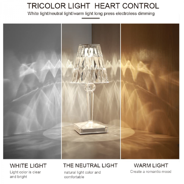 Lampa de Masa Cristal LED Premium SUPER TRENDS®, Tactila, Schimbare Culori in 3 Moduri, Reincarcabila, Acril, Design modern, Inaltime 26 cm [5]