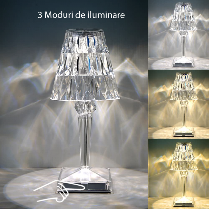 Lampa de Masa Cristal LED Premium SUPER TRENDS®, Tactila, Schimbare Culori in 3 Moduri, Reincarcabila, Acril, Design modern, Inaltime 26 cm [4]