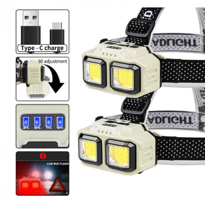 Lanterna Frontala Reincarcabila cu LED Profesionala SUPER TRENDS®, Rezistenta la Apa, Lumina Ajustabila, Pentru Camping, Drumetii, Pescuit, Acumulator, Reincarcare Prin Cablu USB, Negru-Crem [4]