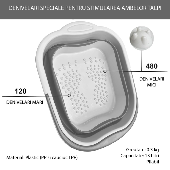 Lighean Pliabil Pentru Baie de Picioare SUPER TRENDS®, 13 L, Pedichiura, Masaj si Ingrijire, cu Maner, Usor de Curatat, cu Puncte de Presiune, Reflexoterapie, 43 x 33.5 x 22cm, Gri [4]