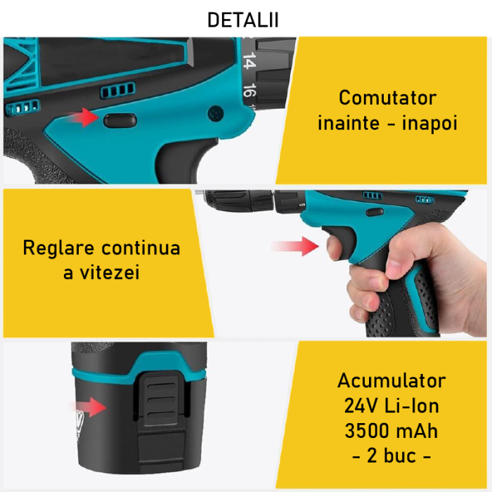 Masina de Gaurit si Insurubat SUPER TRENDS®, 2 Acumulatori Li-Ion 24 V, Set 34 Accesorii, Valiza Transport, Mandrina Automata, Albastru, Negru [8]
