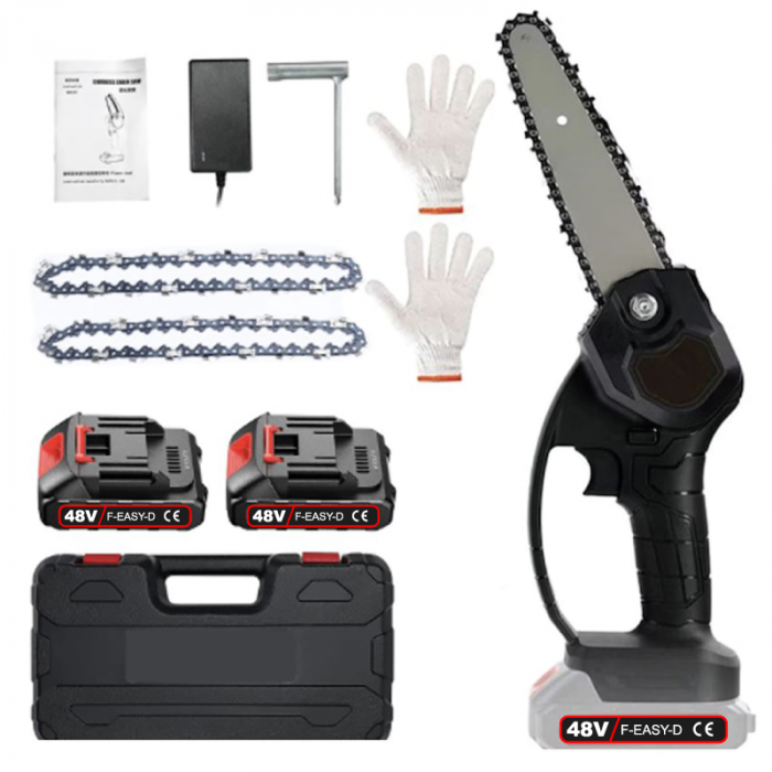 Mini Drujba Tip Fierastrau cu Lant Electric Portabil Profesional SUPER TRENDS®, 2 Lanturi 6 inch, 2 Acumulatori 48V, Autonomie 4 Ore, 2 Manusi, Negru [1]