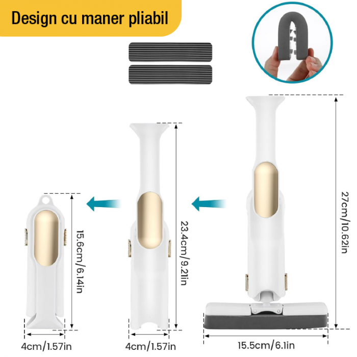 Mini Mop Portabil si Pliabil cu Stoarcere Automata Premium SUPER TRENDS®, Spalare Umeda si Uscata, Burete de Inalta Calitate, Potrivit Pentru Geamuri, Blaturi, Bucatarii, Bai, 2 Bureti Inclusi, Alb-Au [8]