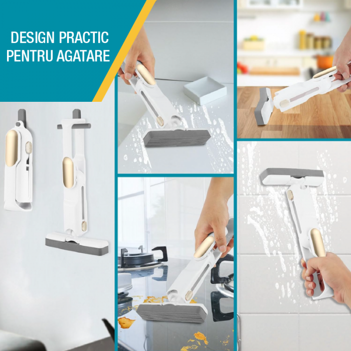 Mini Mop Portabil si Pliabil cu Stoarcere Automata Premium SUPER TRENDS®, Spalare Umeda si Uscata, Burete de Inalta Calitate, Potrivit Pentru Geamuri, Blaturi, Bucatarii, Bai, 2 Bureti Inclusi, Alb-Au [3]