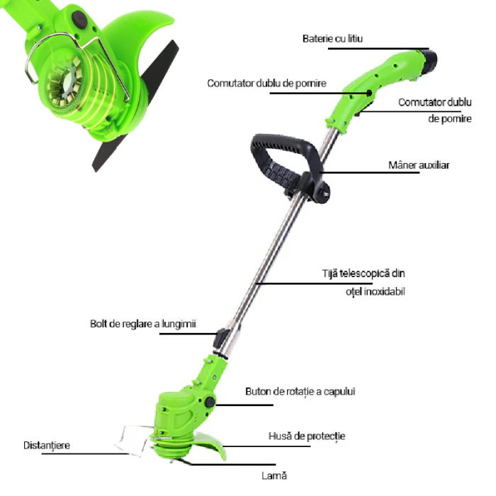 Motocoasa de Tuns Iarba 3 in 1 Profesionala SUPER TRENDS®, Telescopica, Fara Fir, 12V, cu 2 Acumulatori, 3 Moduri De Taiere, 1800 RPM, Putere 1000W, Brat Ajustabil, Verde [10]