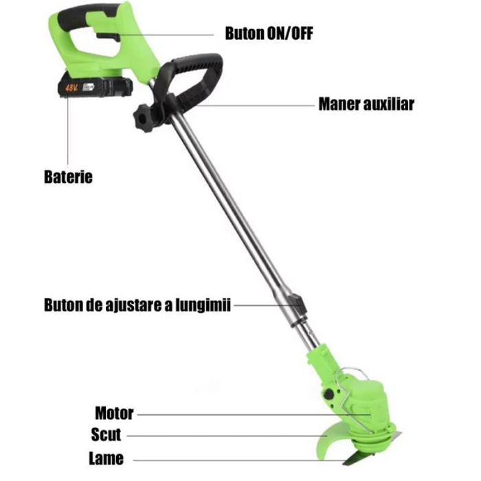 Motocoasa Electrica Profesionala SUPER TRENDS®, 1500W cu 2 Acumulatori 48V, Roti Detasabile si 3 Unghiuri de Taiere, Design Rezistent din ABS si Metal, Verde [4]