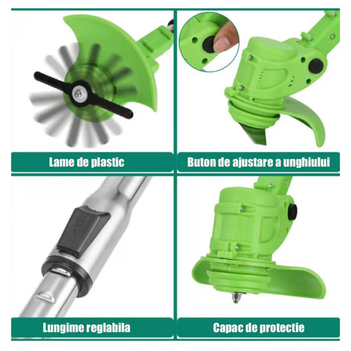 Motocoasa Electrica Profesionala SUPER TRENDS®, 1500W cu 2 Acumulatori 48V, Roti Detasabile si 3 Unghiuri de Taiere, Design Rezistent din ABS si Metal, Verde [5]