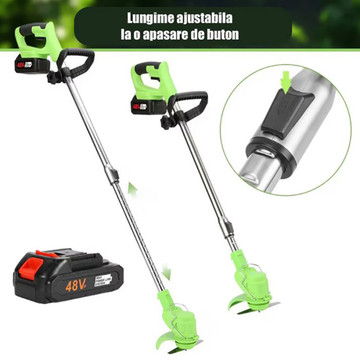 Motocoasa Electrica Profesionala SUPER TRENDS®, 1500W cu 2 Acumulatori 48V, Roti Detasabile si 3 Unghiuri de Taiere, Design Rezistent din ABS si Metal, Verde [7]