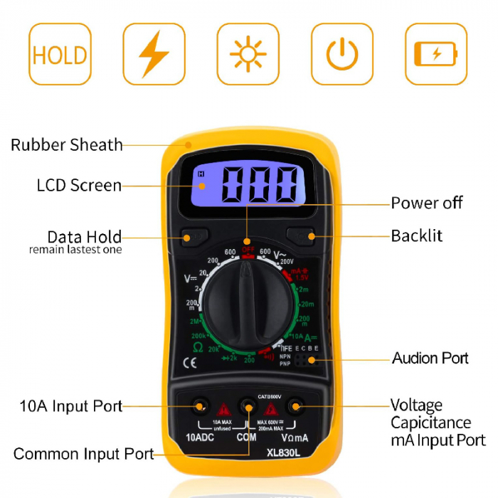 Multimetru Digital Portabil Profesional SUPER TRENDS®, Afisaj LCD, Voltmetru AC/DC Pentru Masurarea Tensiunii, Curentului, Rezistentei, Testarii Continuitatii si Sondelor, Galben-Negru [3]
