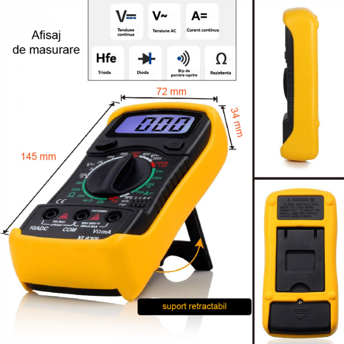 Multimetru Digital Portabil Profesional SUPER TRENDS®, Afisaj LCD, Voltmetru AC/DC Pentru Masurarea Tensiunii, Curentului, Rezistentei, Testarii Continuitatii si Sondelor, Galben-Negru [10]