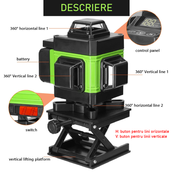 Nivela Laser 4D SUPER TRENDS®, 16 Linii, Auto-Nivelare, Portabila, Trepied, 2 Acumulatori, Negru-Verde [4]