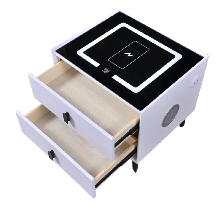 Noptiera Smart Multifunctionala cu 2 Sertare SUPER TRENDS®, Iluminare LED Tactila in 3 Culori, cu Incarcare Wireless Qi si USB, Difuzor Bluetooth Integrat, Din MDF si Sticla Securizata, Gri Decshis, 4 [2]