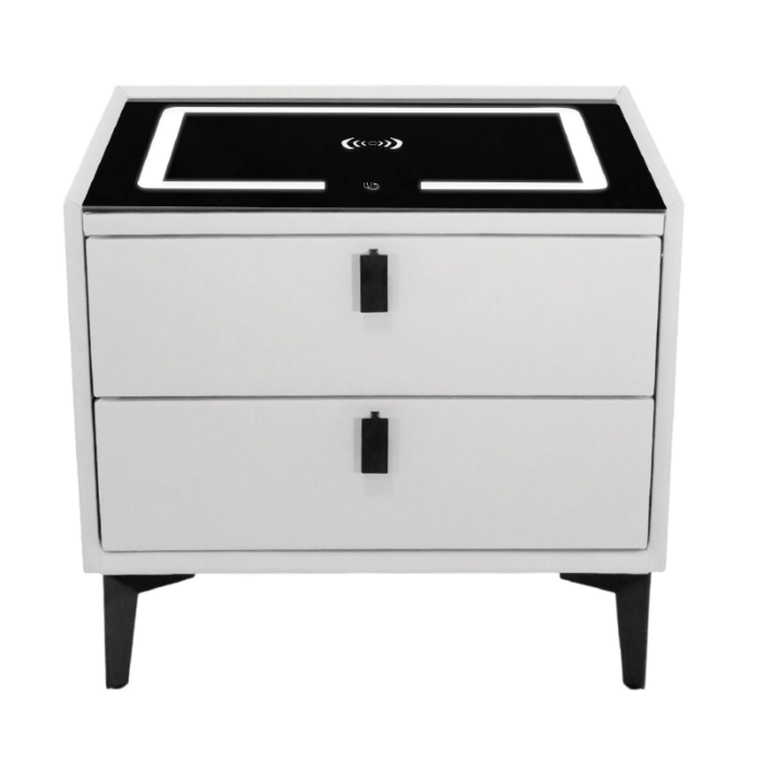 Noptiera Smart Multifunctionala cu 2 Sertare SUPER TRENDS®, Iluminare LED Tactila in 3 Culori, cu Incarcare Wireless Qi si USB, Difuzor Bluetooth Integrat, Din MDF si Sticla Securizata, Gri Decshis, 4 [5]