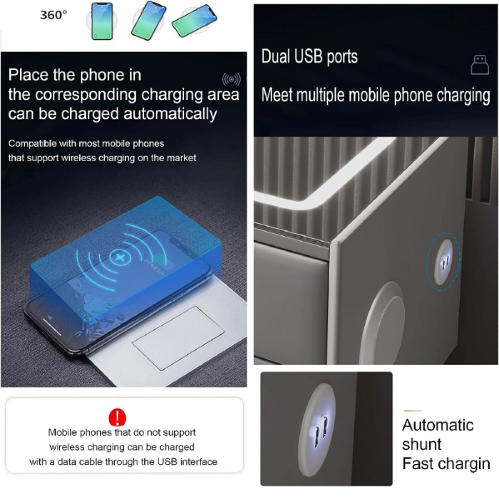 Noptiera Smart Multifunctionala cu 2 Sertare SUPER TRENDS®, Iluminare LED Tactila in 3 Culori, cu Incarcare Wireless Qi si USB, Difuzor Bluetooth Integrat, Din MDF si Sticla Securizata, Gri Decshis, 4 [6]