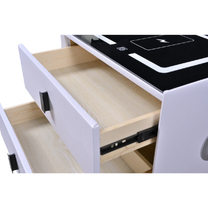 Noptiera Smart Multifunctionala cu 2 Sertare SUPER TRENDS®, Iluminare LED Tactila in 3 Culori, cu Incarcare Wireless Qi si USB, Difuzor Bluetooth Integrat, Din MDF si Sticla Securizata, Gri Decshis, 4 [3]