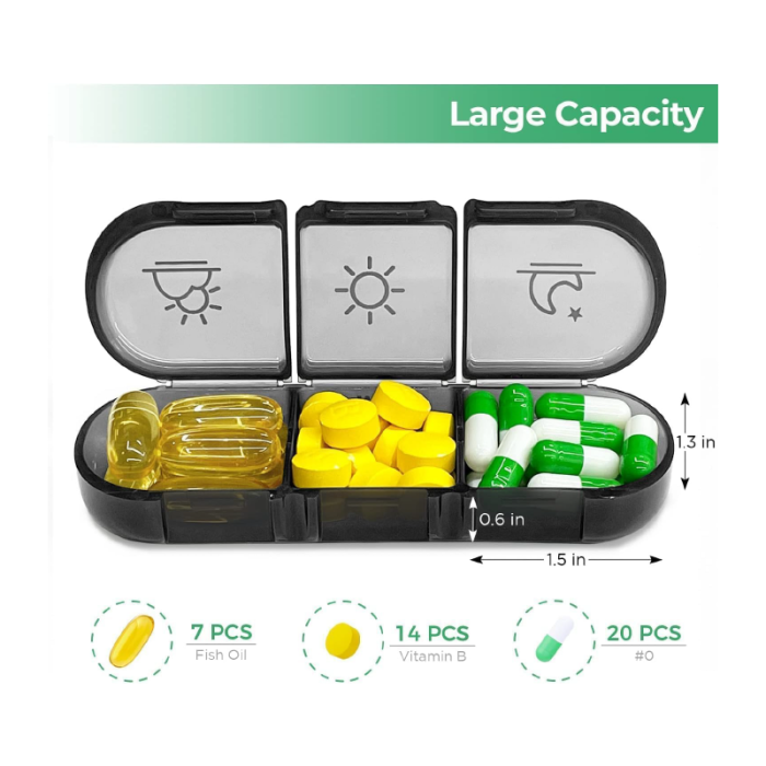 Organizator de Medicamente Saptamanal SUPER TRENDS®, 3 Ori pe Zi, 7 Zile,  Cutie Portabila pentru Pastile, Vitamine, Suplimente, Compartimente Mari, Negru [5]
