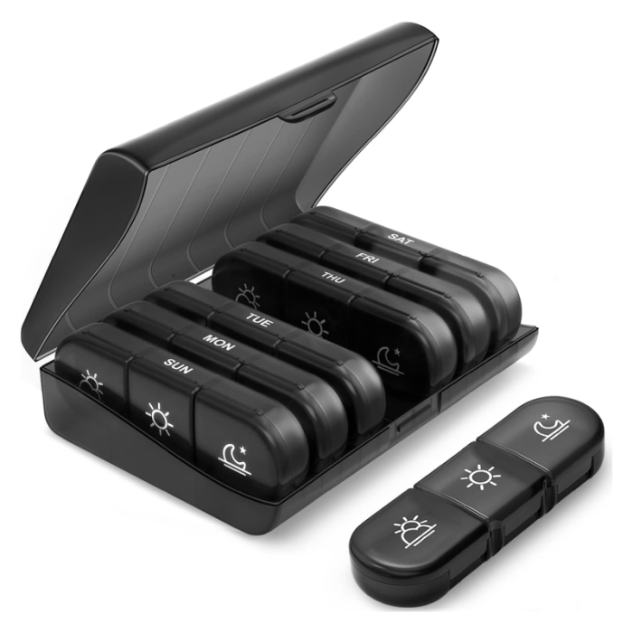 Organizator de Medicamente Saptamanal SUPER TRENDS®, 3 Ori pe Zi, 7 Zile,  Cutie Portabila pentru Pastile, Vitamine, Suplimente, Compartimente Mari, Negru [1]