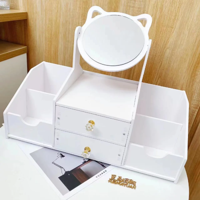 Organizator de Produse Cosmetice SUPER TRENDS®, cu Oglinda ce se Poate Roti, 2 Sertare, 4 Compartimente, 40x20x33cm, Plastic, Alb [2]