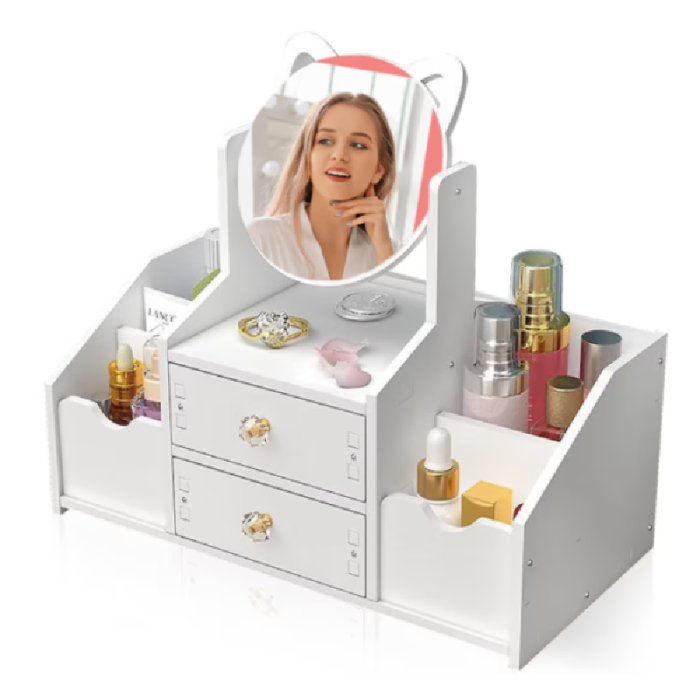 Organizator de Produse Cosmetice SUPER TRENDS®, cu Oglinda ce se Poate Roti, 2 Sertare, 4 Compartimente, 40x20x33cm, Plastic, Alb [5]