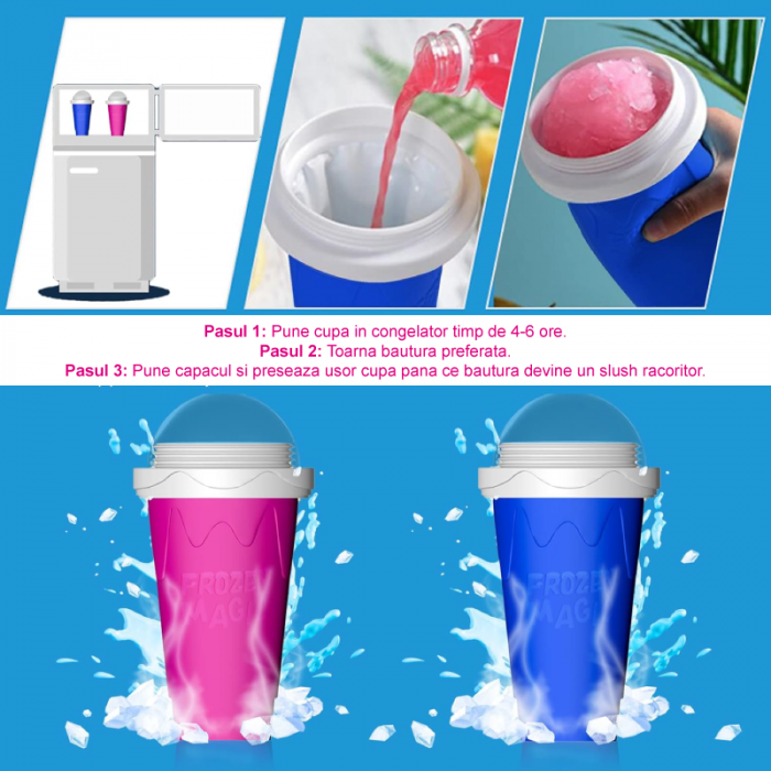 Pahar Magic pentru Slush Premium SUPER TRENDS® 2-in-1 cu Lingura Pai Reutilizabila, 250ml, cu Tehnologie de Inghetare Rapida, Pereti Dubli, Material Silicon Alimentar, Roz [4]