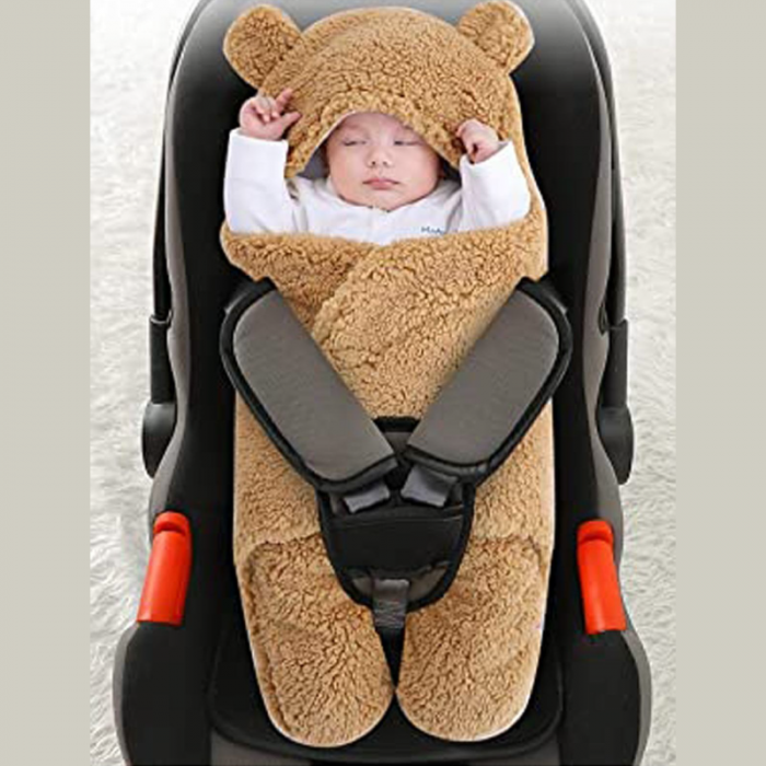 Paturica Pentru Infasat Bebelusi Pufoasa Premium SUPER TRENDS® Bebe 0-3 luni, Calduroasa, cu Urechi de Ursulet, Model Plusat, Beige [5]