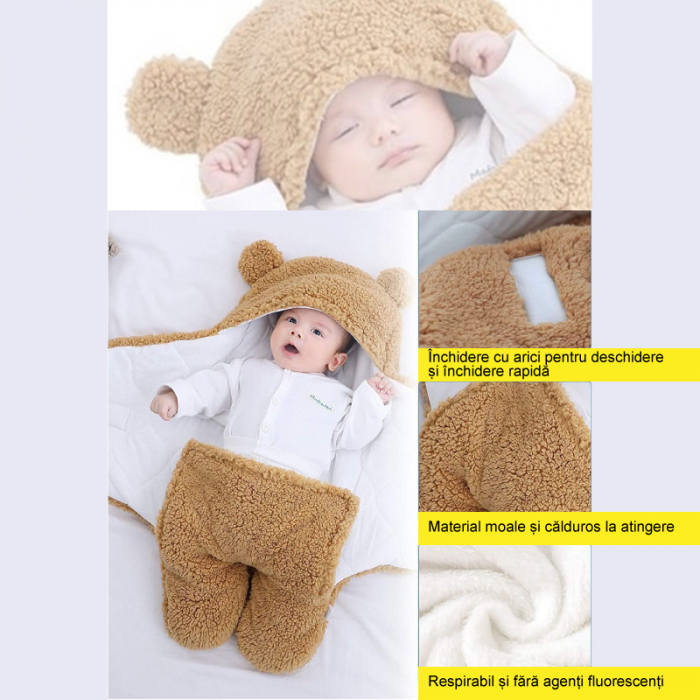 Paturica Pentru Infasat Bebelusi Pufoasa Premium SUPER TRENDS® Bebe 0-3 luni, Calduroasa, cu Urechi de Ursulet, Model Plusat, Beige [4]