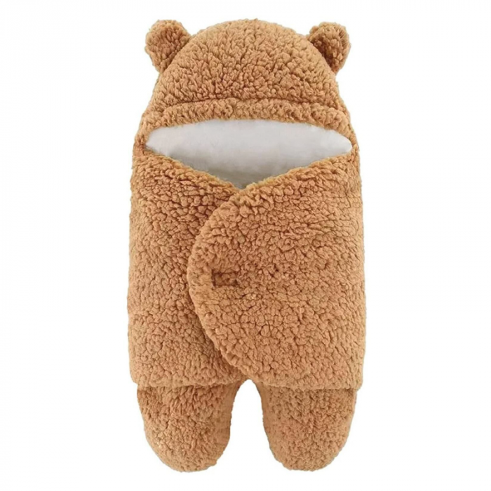 Paturica Pentru Infasat Bebelusi Pufoasa Premium SUPER TRENDS® Bebe 0-3 luni, Calduroasa, cu Urechi de Ursulet, Model Plusat, Beige [1]