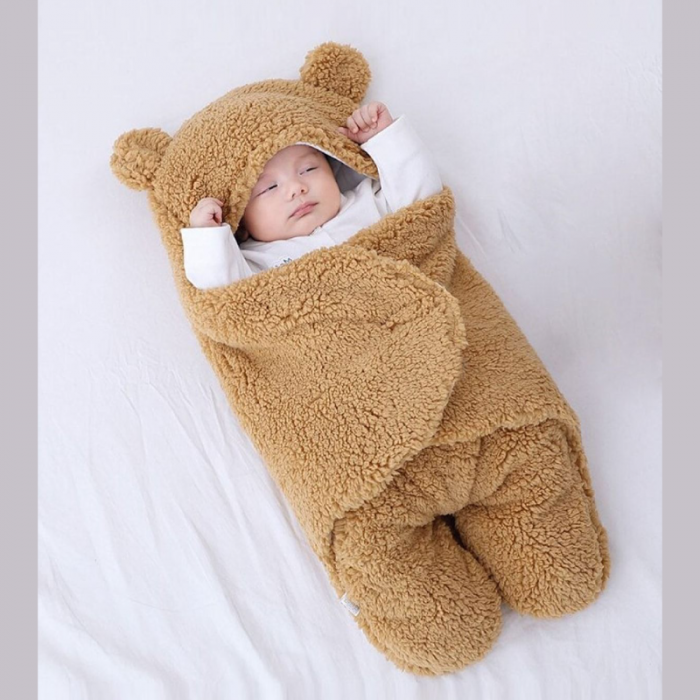 Paturica Pentru Infasat Bebelusi Pufoasa Premium SUPER TRENDS® Bebe 0-3 luni, Calduroasa, cu Urechi de Ursulet, Model Plusat, Beige [6]
