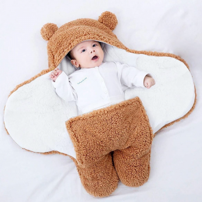 Paturica Pentru Infasat Bebelusi Pufoasa Premium SUPER TRENDS® Bebe 0-3 luni, Calduroasa, cu Urechi de Ursulet, Model Plusat, Beige [3]