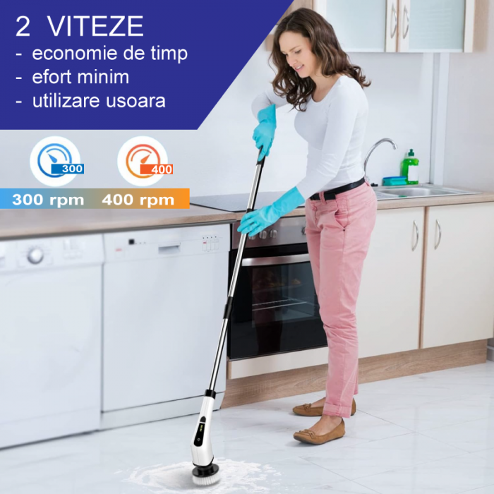 Perie de Curatat Electrica Rotativa 9 in 1 Premium SUPER TRENDS®, Fara Fir, Brat Reglabil, Capete de Perie Inlocuibile Pentru Dus, Baie, Bucatarie, Podea + 5 BURETI MAGICI CADOU [7]