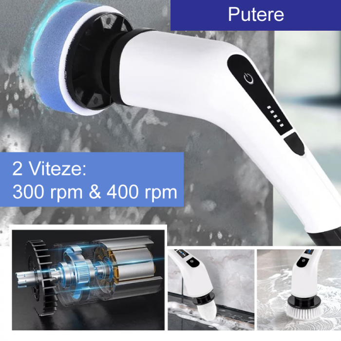 Perie de Curatat Electrica Rotativa 9 in 1 Premium SUPER TRENDS®, Fara Fir, Brat Reglabil, Capete de Perie Inlocuibile Pentru Dus, Baie, Bucatarie, Podea + 5 BURETI MAGICI CADOU [10]