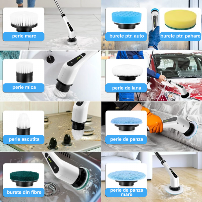 Perie de Curatat Electrica Rotativa 9 in 1 Premium SUPER TRENDS®, Fara Fir, Brat Reglabil, Capete de Perie Inlocuibile Pentru Dus, Baie, Bucatarie, Podea + 5 BURETI MAGICI CADOU [8]