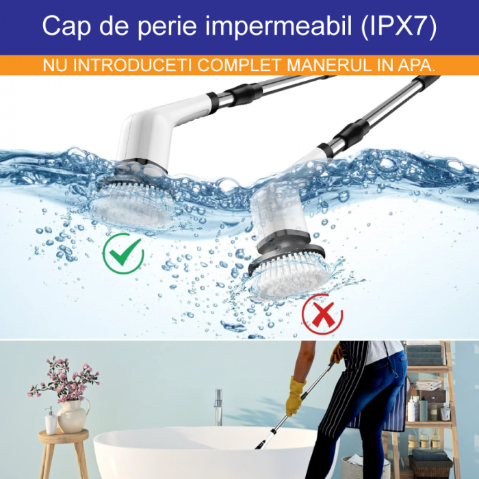 Perie de Curatat Electrica Rotativa 9 in 1 Premium SUPER TRENDS®, Fara Fir, Brat Reglabil, Capete de Perie Inlocuibile Pentru Dus, Baie, Bucatarie, Podea + 5 BURETI MAGICI CADOU [9]