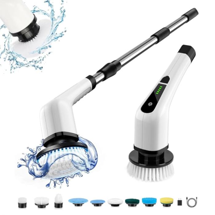 Perie de Curatat Electrica Rotativa 9 in 1 Premium SUPER TRENDS®, Fara Fir, Brat Reglabil, Capete de Perie Inlocuibile Pentru Dus, Baie, Bucatarie, Podea + 5 BURETI MAGICI CADOU [2]