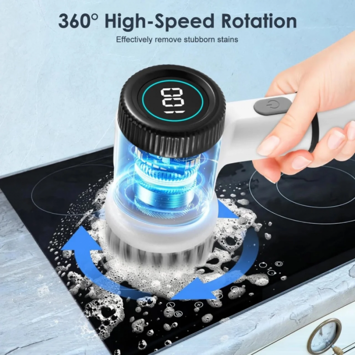Perie Electrica Rotativa Premium SUPER TRENDS®, Fara Fir, Pentru Curatenie, 5 Capete, 3 Viteze, Incarcare USB, Rezistenta la Apa, Afisaj Digital, Alb [8]