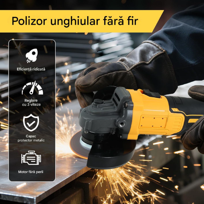 Polizor Unghiular cu 2 Acumulatori 62V SUPER TRENDS®, Motor Brushless, Cheie Pentru Fixat Disc, Incarcator, Cutie Transport, Galben - Negru [4]