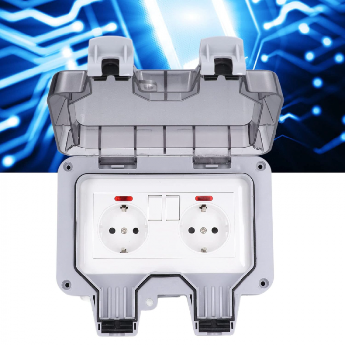 Priza Dubla de Exterior Profesionala SUPER TRENDS®, cu Intrerupatoare Individuale, Capac Rabatabil si Conector Cablu, IP66, Rezistenta la Apa si Praf, Pentru Bucatarie, Baie, Garaj, Gradina, Piscina, [6]