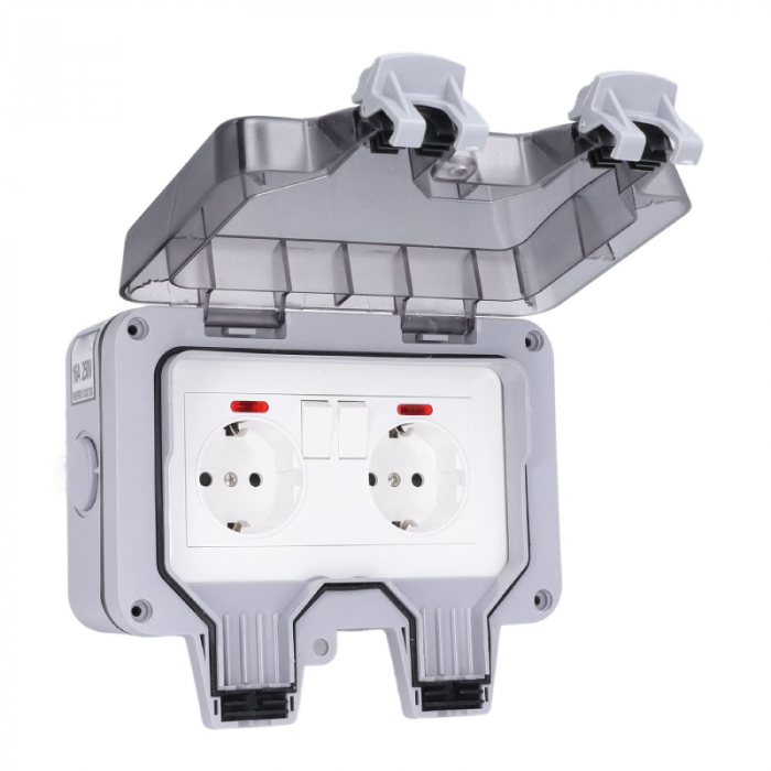 Priza Dubla de Exterior Profesionala SUPER TRENDS®, cu Intrerupatoare Individuale, Capac Rabatabil si Conector Cablu, IP66, Rezistenta la Apa si Praf, Pentru Bucatarie, Baie, Garaj, Gradina, Piscina, [2]