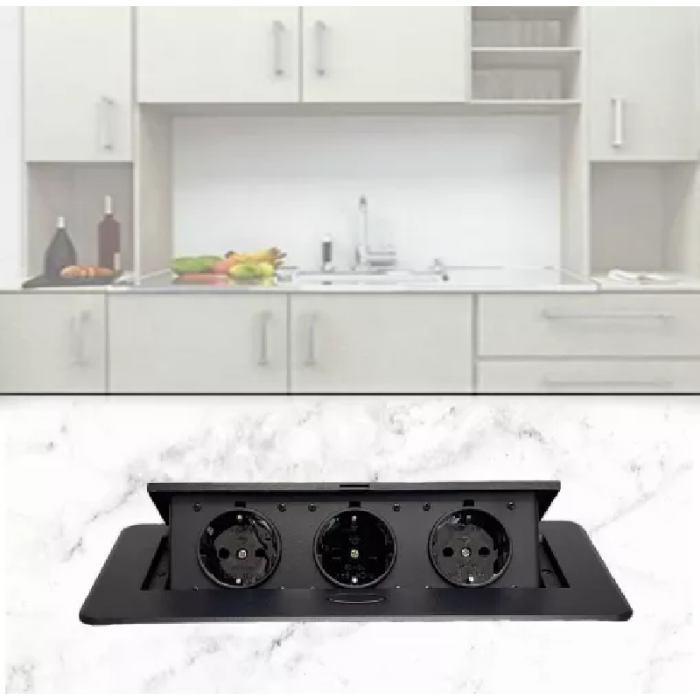 Priza Incastrabila in Blat SUPER TRENDS®, Schuko, 3 x 2P + E, 16A, 3600W, cablu 1.5 m, IP20, Negru [8]