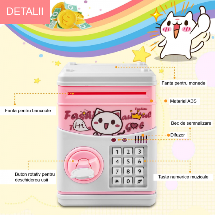Pusculita Electronica Pentru Copii Premium SUPER TRENDS® cu Design Pisica, Pentru Monede si Bancnote, cu Cheie, 5 Moduri de Sunete Muzicale, Cantece si Povesti, Roz, 3 ani+ [5]