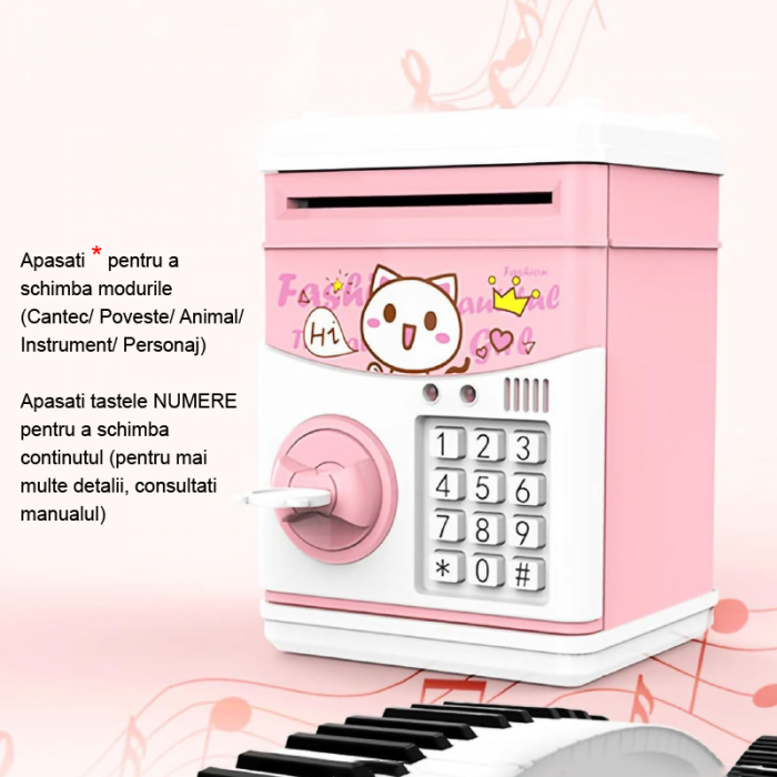 Pusculita Electronica Pentru Copii Premium SUPER TRENDS® cu Design Pisica, Pentru Monede si Bancnote, cu Cheie, 5 Moduri de Sunete Muzicale, Cantece si Povesti, Roz, 3 ani+ [9]