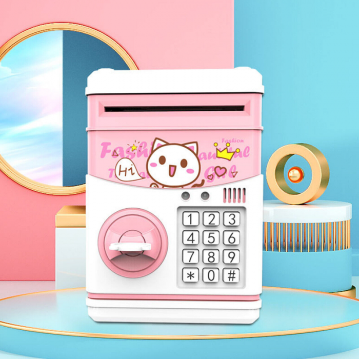 Pusculita Electronica Pentru Copii Premium SUPER TRENDS® cu Design Pisica, Pentru Monede si Bancnote, cu Cheie, 5 Moduri de Sunete Muzicale, Cantece si Povesti, Roz, 3 ani+ [6]