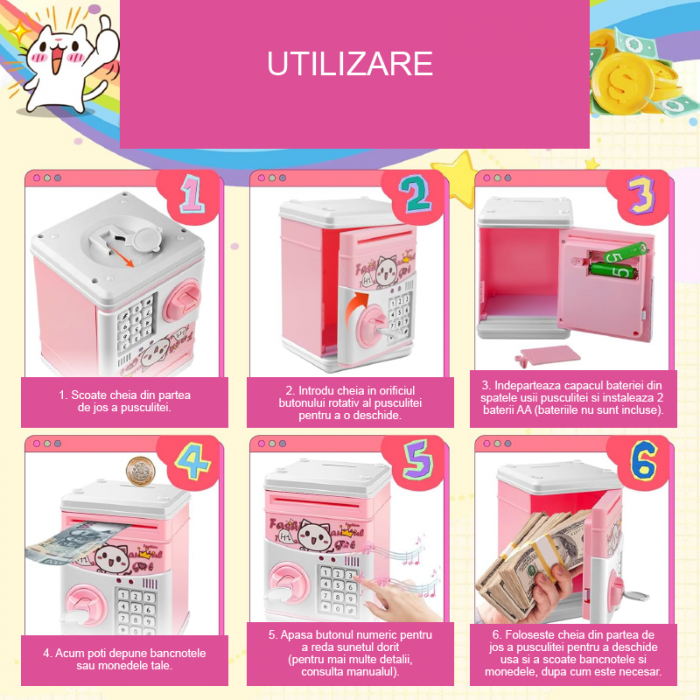Pusculita Electronica Pentru Copii Premium SUPER TRENDS® cu Design Pisica, Pentru Monede si Bancnote, cu Cheie, 5 Moduri de Sunete Muzicale, Cantece si Povesti, Roz, 3 ani+ [4]