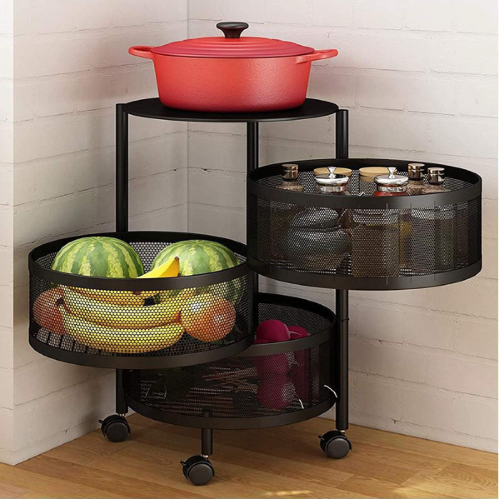 Raft Metalic Rotund Universal SUPER TRENDS®, 3 Cosuri Perforate, Otel Carbon, cu Roti si Design Rotativ, Negru, 60x34cm [4]