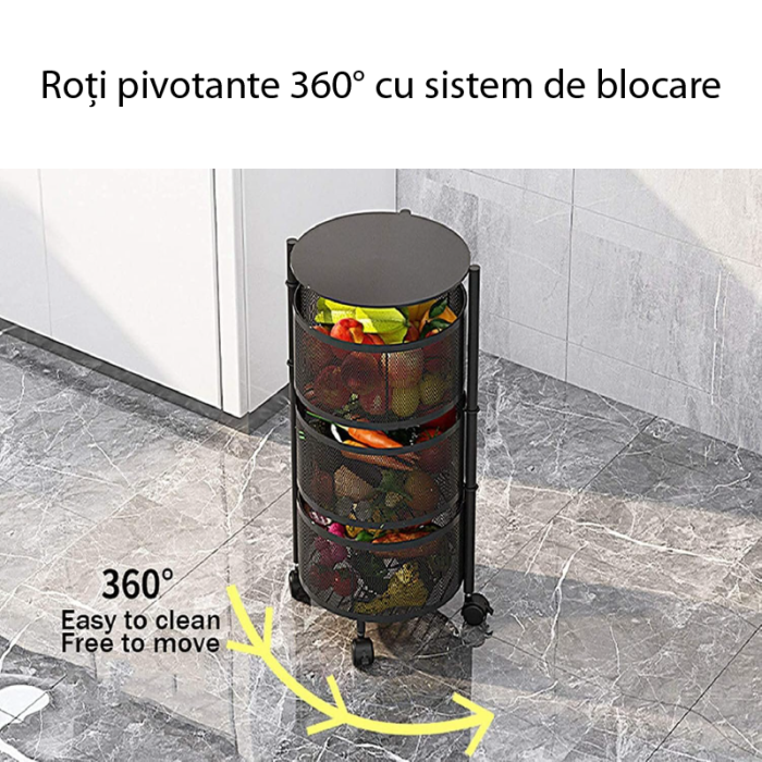 Raft Metalic Rotund Universal SUPER TRENDS®, 3 Cosuri Perforate, Otel Carbon, cu Roti si Design Rotativ, Negru, 60x34cm [6]