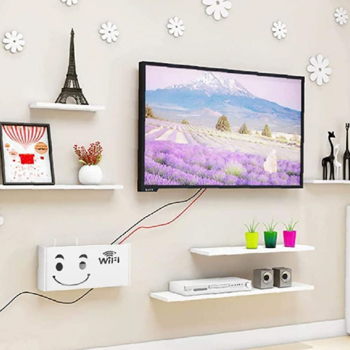Raft Suport Router Wireless SUPER TRENDS®, Pentru Mascare Fire si Echipament WiFi, Material Premium, 40x20x9.5 cm, Alb Mat [6]